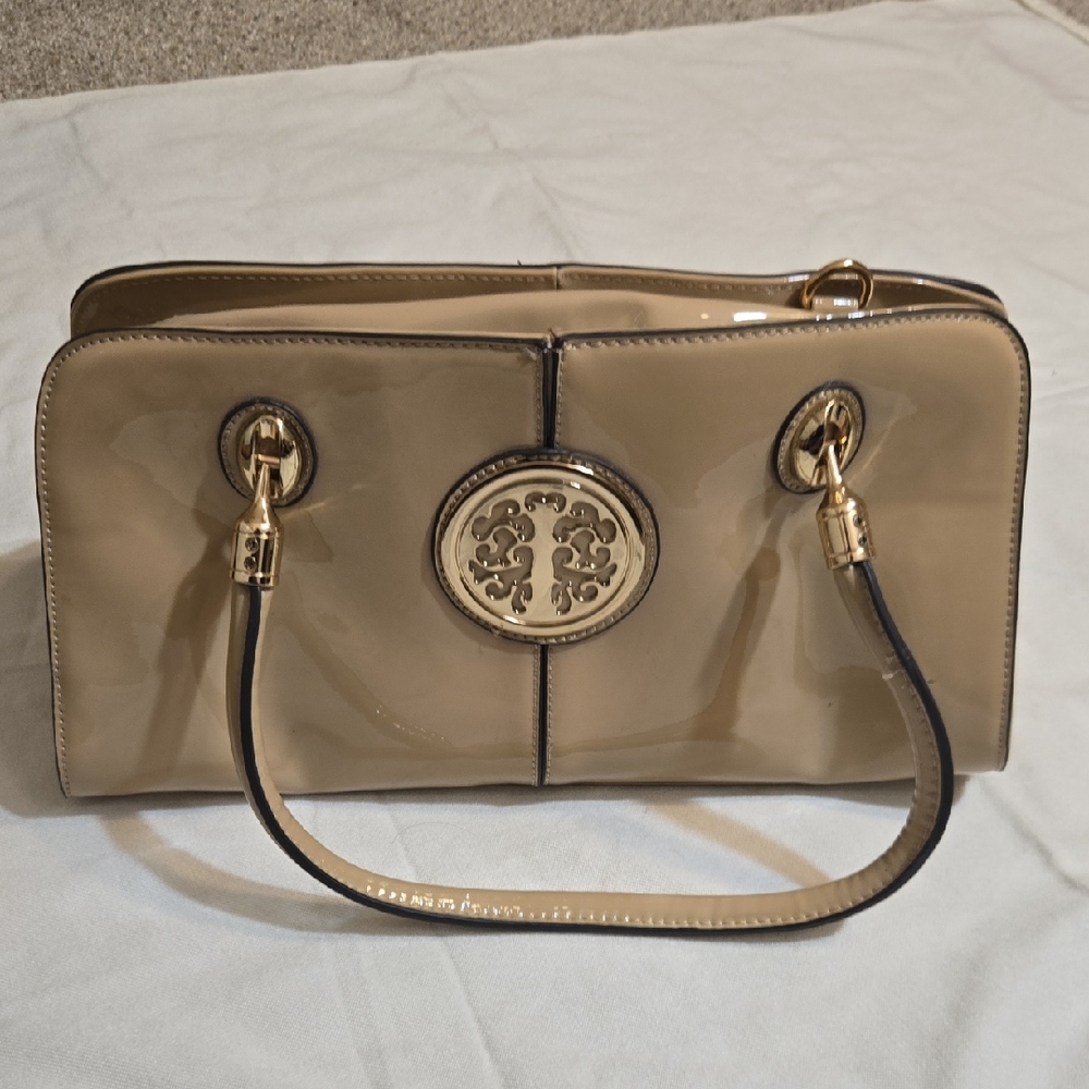 Elegant Tan Handbag with Gold Accents